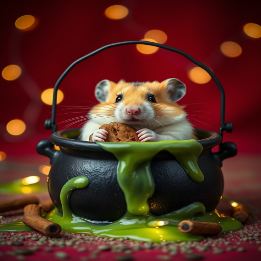 Capture a hamster holding a cookie inside a black cauldron with green slime, surrounded by soft glowing fairy lights on a deep red background, shoot with a DSLR camera at f/2.8 aperture, ISO 200, 50mm lens, and a shallow depth of field for a creamy bokeh effect.