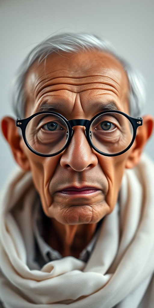 Create a minimalist portrait of an elderly man with large round glasses and a white shawl, using a DSLR camera with a 50mm lens, aperture f/1.8, ISO 100, and natural lighting for a soft focus effect.