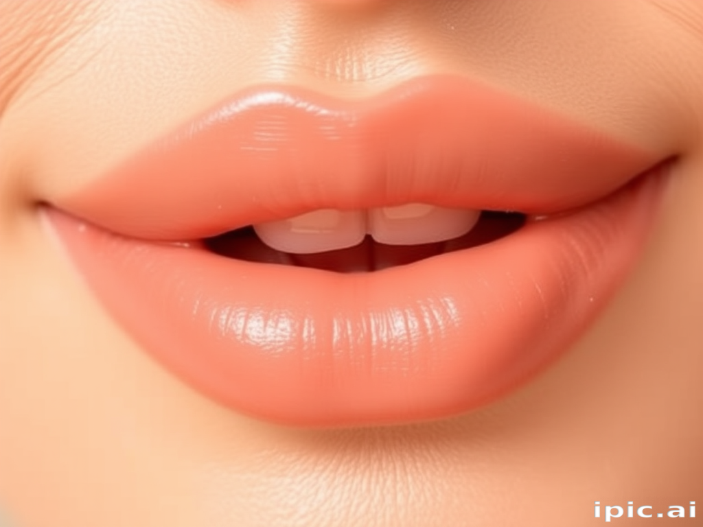 Peach-toned nude lips with a creamy satin finish and warm golden undertones, called "Sun-Kissed Nectar Glow"