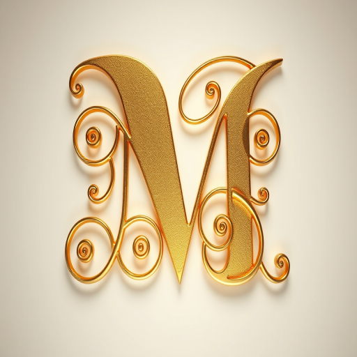 generate a high-resolution image of an elegant gold letter M with intricate spirals and curves, use a depth of field setting of f/2.8, 50mm lens, top-down view, designed with soft lighting to enhance the metallic shine, shot on a digital SLR camera.