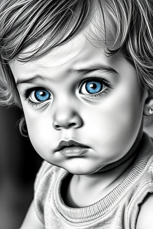 A hyperdetailed photorealistic black and white sketch of a beautiful toddler with deep blue eyes, with a macro focus