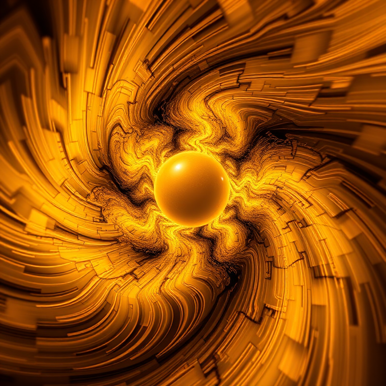 Create a high-resolution abstract fractal image featuring swirling golden and brown tones with a central glowing sphere, using a Canon EOS R5 camera with a 50mm f/1.2 lens at ISO 100, aperture f/8, and a long exposure of 5 seconds to capture intricate details and smooth gradients.