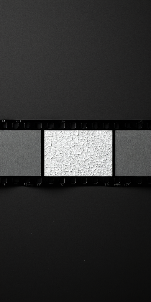 Create an image of a film strip with a textured white appearance, set against a dark gray background, using a DSLR camera at f/8 aperture, ISO 100, with a 50mm lens, top-down view, in high-resolution digital style.