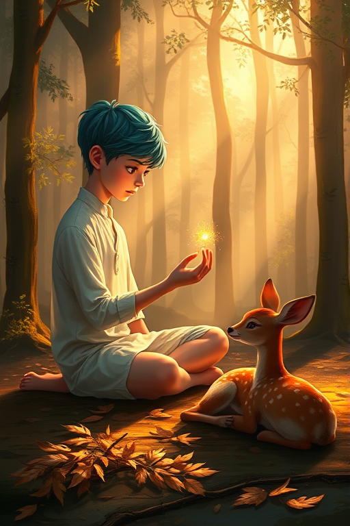 A luminous digital painting of a serene forest scene featuring a barefoot young male, about 7 years old, with cyan hair and fair skin, dressed in a simple white outfit. He sits cross-legged on the forest floor, gazing at a small, glowing, magical firefly in his hand. Beside him, a delicate spotted deer lies calmly on a bed of dried leaves, observing the scene. The dense forest is bathed in warm, golden light filtering through the trees, creating a peaceful, magical atmosphere with a blend of natural and mystical elements.