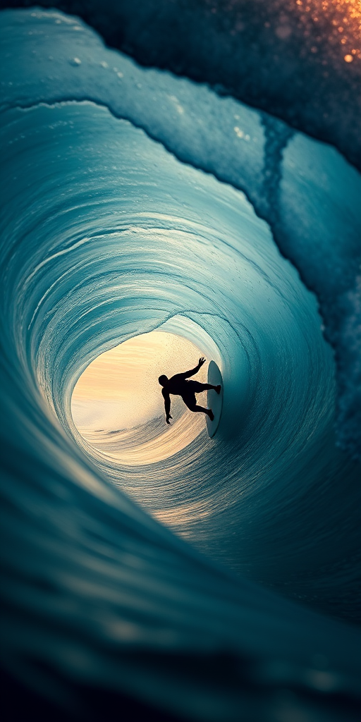 Capture a silhouette of a surfer riding a massive wave, shot from a low angle perspective with a wide aperture of f/2.8, shutter speed of 1/1000s, ISO 400, using a DSLR camera with a telephoto lens to enhance clarity and detail in the water droplets, in dramatic lighting conditions to highlight the texture of the wave.