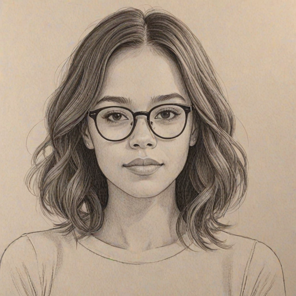 Appealing Jenna Ortega, pencil sketch, portrait of Lovely woman 1971s in glasses, hair style beatnik, outline, clear lines, fine lines, 8k