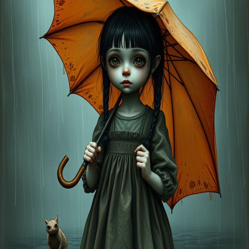 An eerie, weird little girl with dark hair in thin pigtails, wearing a smock dress, standing in the rain, holding a dirty orange umbrella, a small, odd creature beside her. In a surreal style inspired by Nicoletta Ceccoli and Brian Froud. Dark fantasy themes
