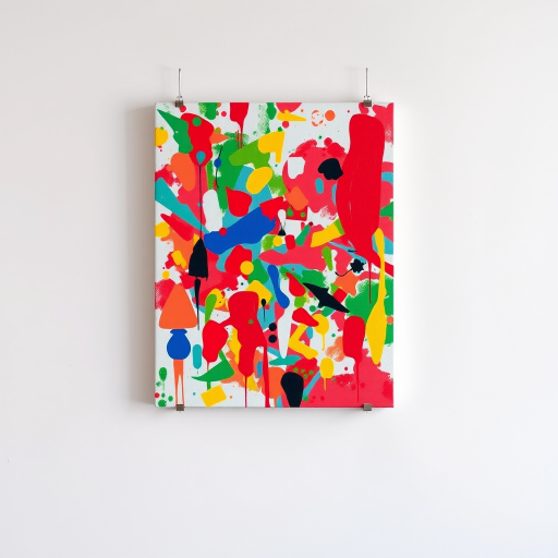 Create an image that features a colorful, abstract painting on a white wall. The painting should be vibrant and filled with various shapes and colors, including red, blue, yellow, and green. The wall should be a clean, stark white, allowing the painting to be the central focus. The painting should be hung in the center of the image, with the wall filling the rest of the frame.