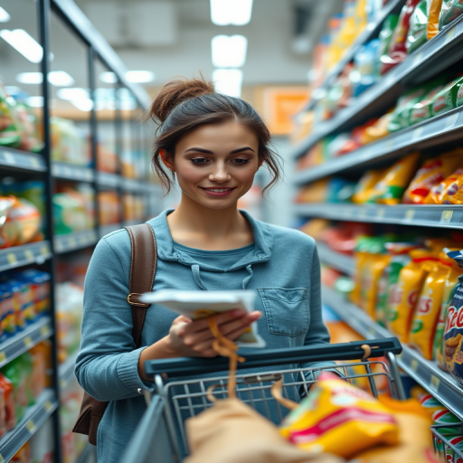 Close-up of a woman shopping in a grocery store, holding a food package, aisle filled with various snack products in the background, shallow depth of field, aperture f/2.8, ISO 400, 50mm lens, natural lighting.