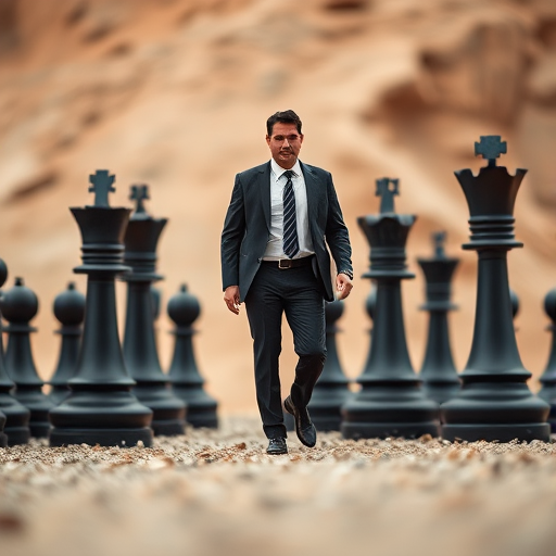 a businessman walking among large black chess pieces on an earthy background, shallow depth of field, f/2.8 aperture, 50mm lens, DSLR camera, focus on foreground with soft background blur, high dynamic range, daylight lighting