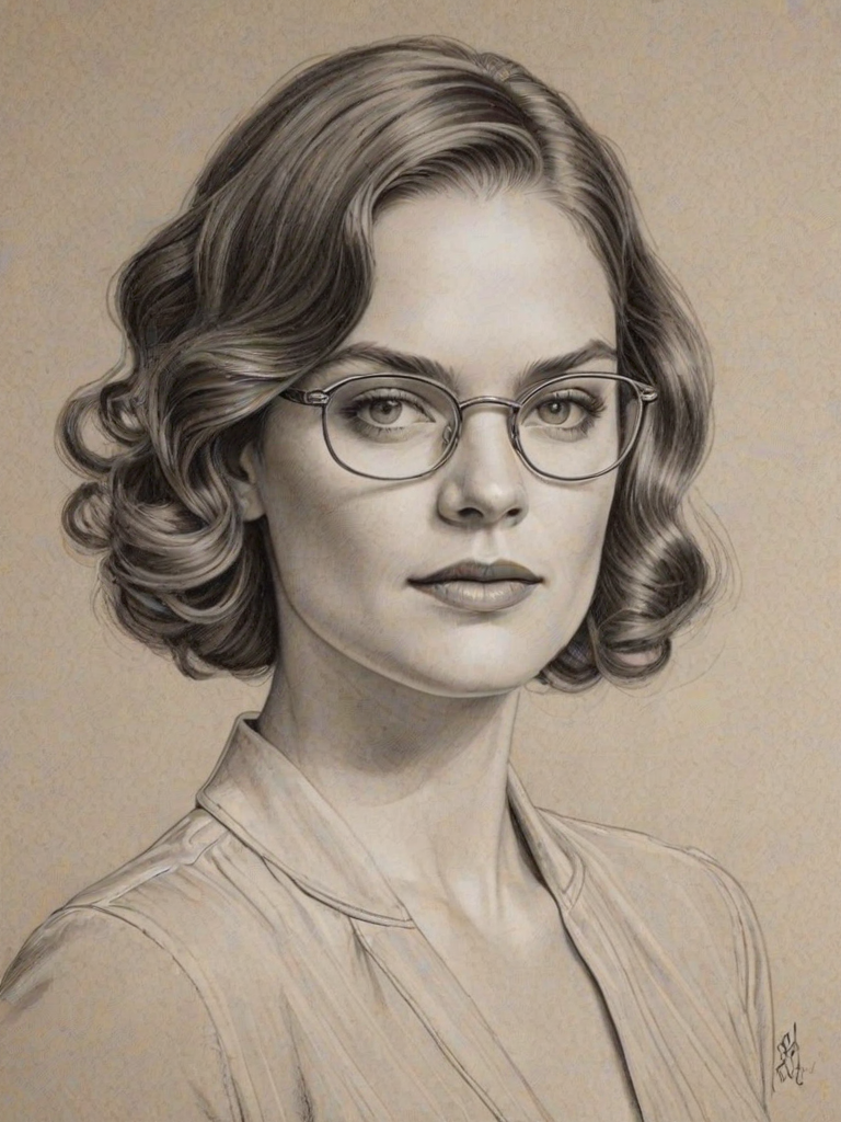 Ravishing Ruth Wilson, pencil sketch, portrait of Dazzling woman 1930s in glasses, hair style beatnik, outline, clear lines, fine lines, 8k