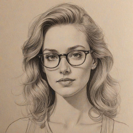 Fascinating Molly McNearney, pencil sketch, portrait of Radiant woman 1979s in glasses, hair style beatnik, outline, clear lines, fine lines, 8k