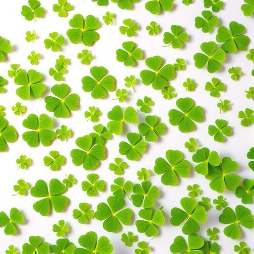 high-resolution illustration of randomly scattered four-leaf clovers on a white background, soft natural lighting, macro view, DSLR camera, f/2.8 aperture, ISO 100, shutter speed 1/200s, vibrant colors