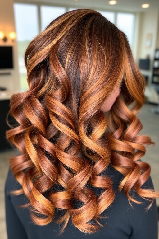 Chocolate brown to caramel ombre styled in voluminous, bouncy curls by "Sweet Spirals" hair studio, featuring a deep side part and cascading ringlets that create a lush, full-bodied look, with golden honey highlights strategically placed to enhance the natural curl pattern.