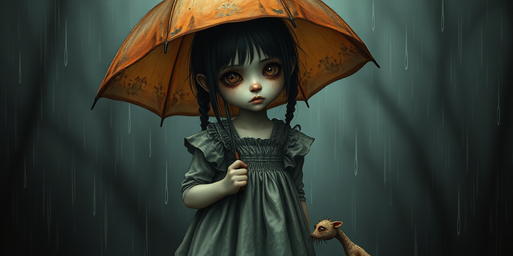 An eerie, weird little girl with dark hair in thin pigtails, wearing a smock dress, standing in the rain, holding a dirty orange umbrella, a small, odd creature beside her. In a surreal style inspired by Nicoletta Ceccoli and Brian Froud. Dark fantasy themes