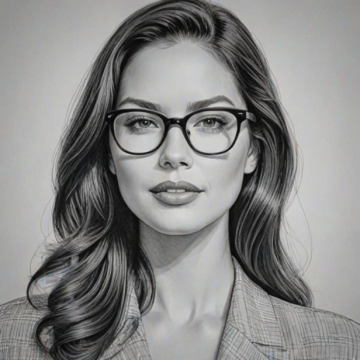 Enchanting Olivia Munn, pencil sketch, portrait of Enticing woman 1951s in glasses, hair style beatnik, outline, clear lines, fine lines, 8k