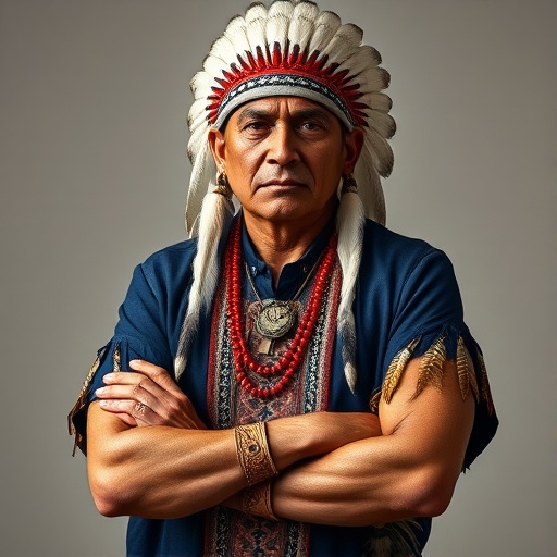 Create a dignified portrait of a Native American man dressed in traditional attire. He wears a beautifully crafted headdress adorned with white feathers and red beads, along with a beaded headband featuring intricate patterns. His clothing includes a deep blue, patterned shirt and a traditional chest piece with detailed beadwork. His arms are crossed, displaying leather armbands decorated with feathers. The background is simple and neutral, emphasizing his proud and stoic expression. The overall image captures the rich cultural heritage and strength of his persona.