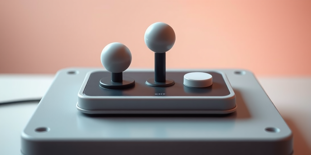 Create a high-resolution digital illustration of a retro arcade joystick with two white arcade buttons, soft lighting, and a smooth gradient background, using a Canon EOS R5 with a 50mm lens at f/1.8, ISO 100, and a shallow depth of field for a clean focus effect.