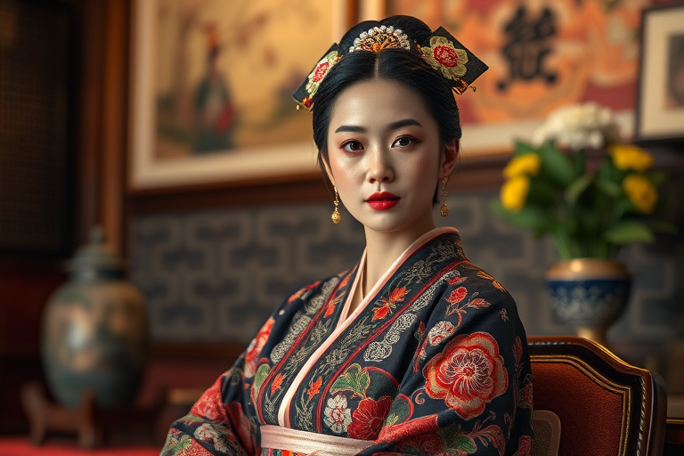 A beautiful Ryukyuan woman in traditional East Asian attire, intricately detailed with embroidered patterns, sitting gracefully in a richly decorated room, soft ambient lighting, serene and elegant, ultra-realistic, 8K resolution
