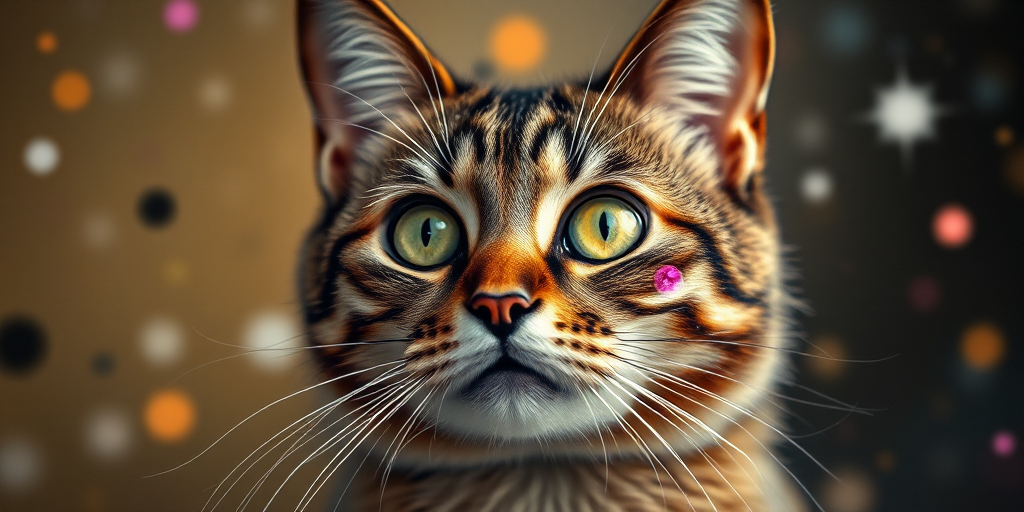 A cosmic cat portrait with vibrant galaxies and sparkling orbs, shot in high resolution using a DSLR camera at f/1.8, ISO 100, 1/200 sec, with a macro lens, capturing intricate details in a well-lit environment.