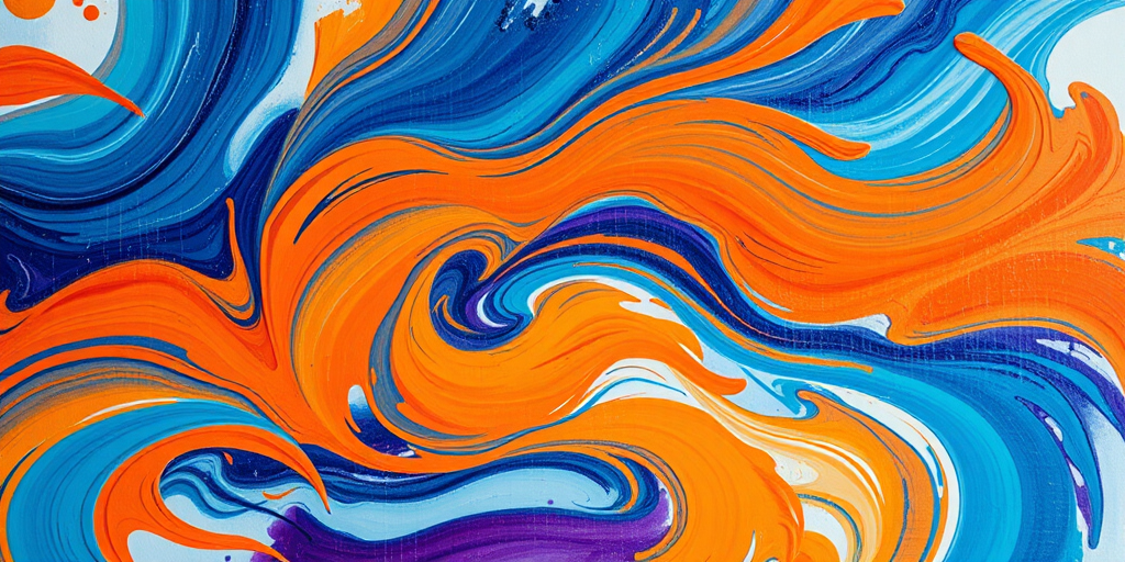 Create an abstract artwork with swirling colors of blue, orange, and hints of purple, featuring dynamic brushstrokes and textured layers, captured with a full-frame DSLR camera at f/8, ISO 100, 1/125 sec, viewed from a slightly elevated angle to add depth.