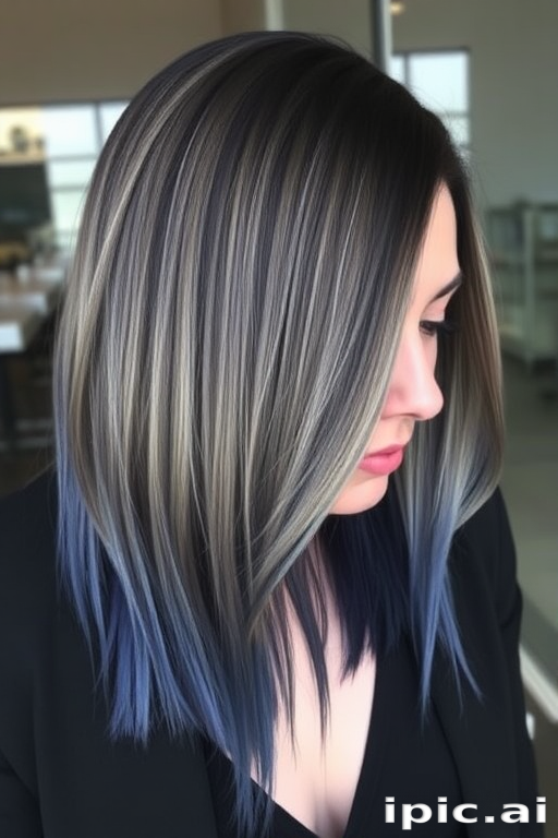 Smoky grey ombre hair transitioning to steel blue tips, styled in a sleek and straight lob with a deep side part, creating a sophisticated and edgy look called Twilight Horizon