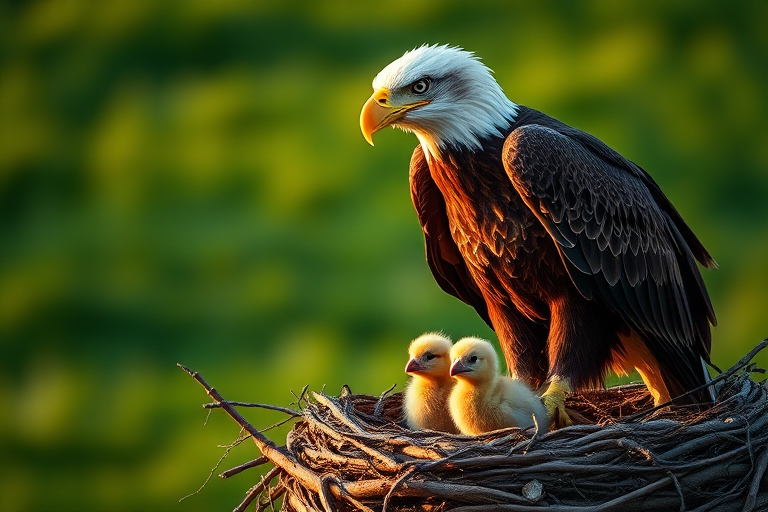 photograph of a bald eagle standing protectively in its nest with two chicks, softly blurred green background, golden hour lighting, camera settings: aperture f/4, shutter speed 1/500s, ISO 200, 85mm lens, DSLR camera, focus on eagle and chicks, shallow depth of field for a dreamy effect