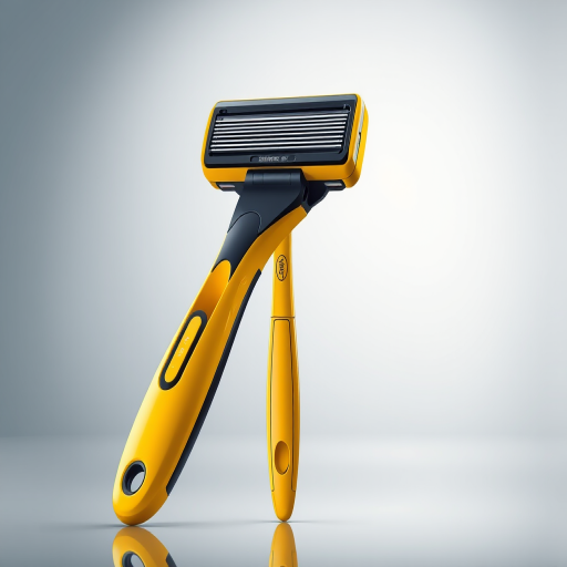 Create a high-resolution digital illustration of a modern yellow razor with a sleek design, using a 50mm lens at f/8 aperture, in a well-lit studio environment with soft lighting, employing a Nikon D850 camera for enhanced image quality.