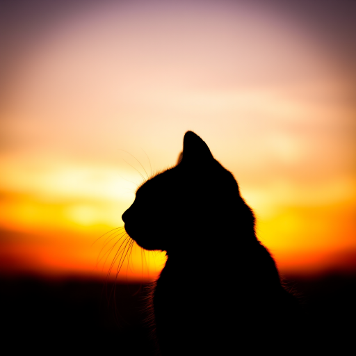 Generate a high-resolution image of a stylized cat silhouette against a vibrant sunset background with warm tones, using a DSLR camera with a 50mm f/1.8 lens, aperture set to f/2.8, ISO 100, and a slight vignette effect for artistic depth.