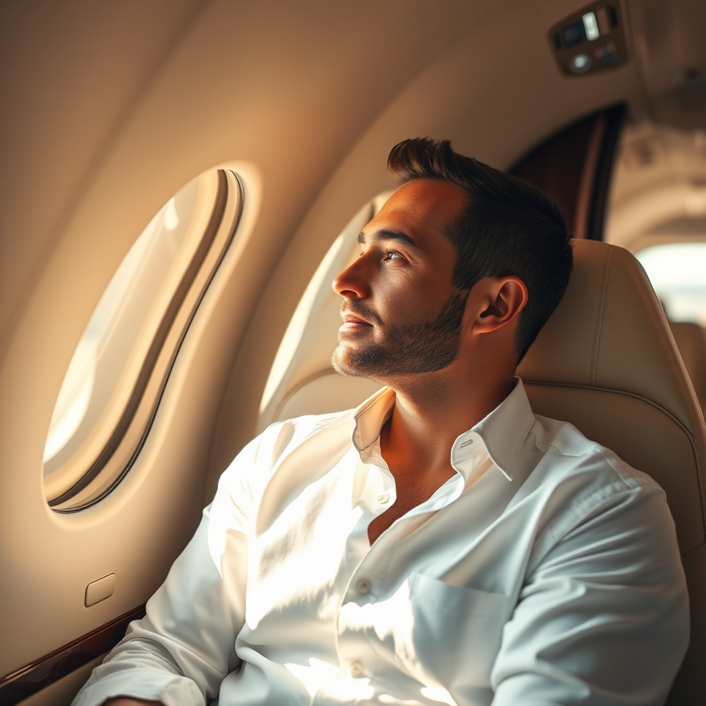 luxurious private jet interior with a relaxed man in a white shirt sitting by the window, warm sunlight streaming in, sharp focus, 85mm lens, f/2.8, ISO 100, soft natural lighting, cinematic style, full-frame DSLR