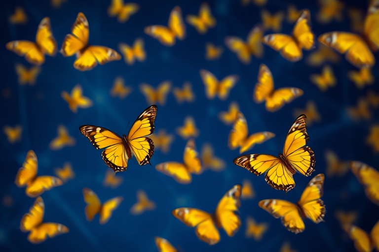 Create an image of golden butterflies scattered against a deep blue background, using a DSLR camera with a 50mm lens, aperture set to f/1.8, ISO 200, and a depth of field to enhance focus on the butterflies while blurring the background network lines, in a high-resolution digital format.