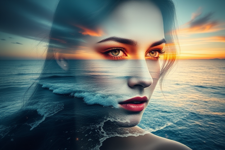 this picture is Book cover, A surreal double exposure portrait that blends a woman's face with a beautiful seascape. The overall mood is dreamy and mystical, with rich colors and intricate details
