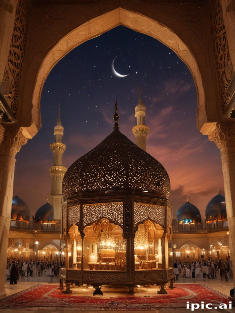 Serene Night Scene of a Mosque with Intricate Architecture and Crescent ...