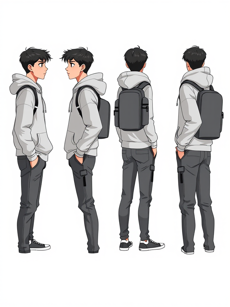 Create a character design of a young man standing in three-quarter, side, and front views, wearing a casual outfit with a hoodie and a backpack, in a minimalist style, captured with a DSLR camera at 50mm focal length, f/1.8 aperture, ISO 100, with soft lighting for enhanced detail and clarity.