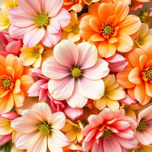 Generate a vibrant floral pattern with soft, watercolor-style flowers in shades of pink, orange, and green, using a macro lens at f/2.8 for a shallow depth of field, shot from an overhead angle, using a digital DSLR camera.