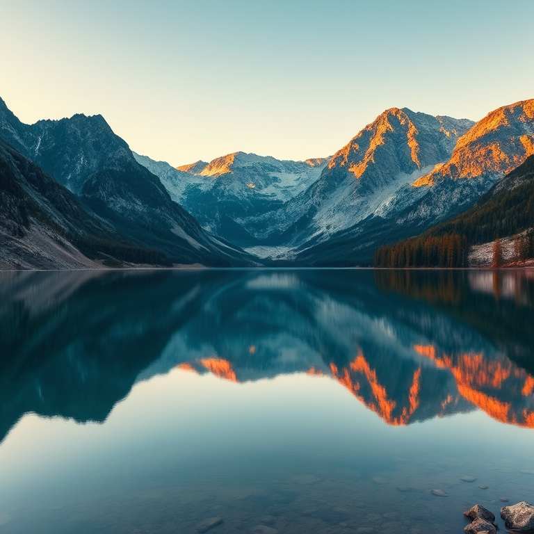 Generate a high-resolution image of a serene landscape with a calm lake reflecting the mountains, shot with a Canon EOS 5D Mark IV, 50mm lens, aperture f/8, ISO 100, at golden hour with soft natural lighting for enhanced detail and depth.