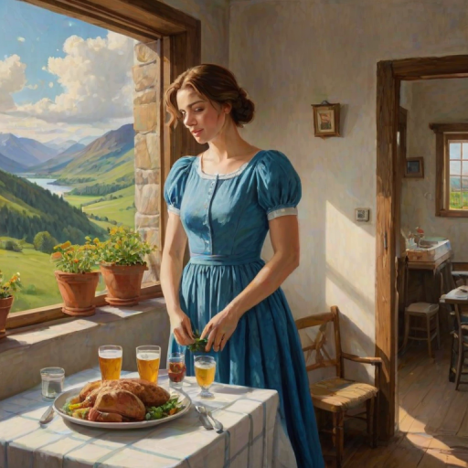 In "A Glass of Beer on the Highland," a serene scene is depicted in a sunlit room where a woman in a vibrant blue dress stands by a large window. She holds a tray with a hearty meal and a frothy glass of beer, embodying a moment of relaxation. Outside, the breathtaking highland landscape features rolling green hills and a charming traditional house, all bathed in warm afternoon light. The interior is adorned with potted plants, creating a harmonious blend of comfort and nature. The painting beautifully captures the tranquility and joy found in simple pleasures amidst stunning scenery