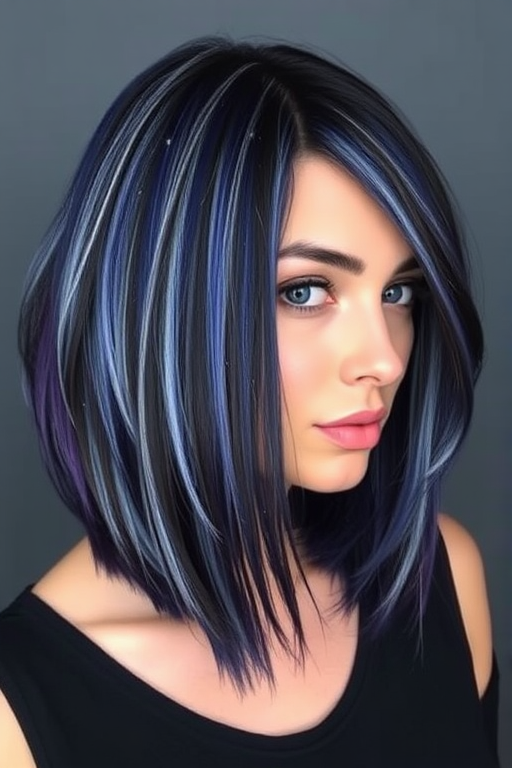 Striking model showcases Midnight Galaxy locks, a mesmerizing blend of deep blue and purple hues with silver streaks resembling stars, styled in a sleek asymmetrical bob cut