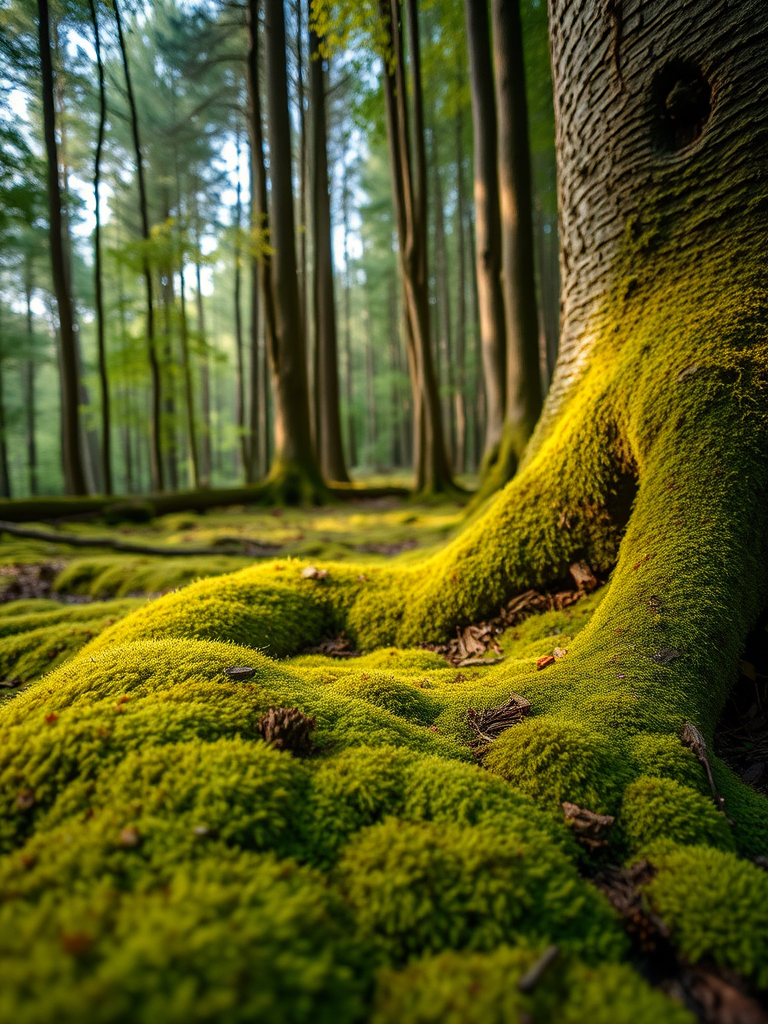 regenerate a lush forest scene with a focus on vibrant moss-covered ground and trees, using a Canon EOS R5, f/8 aperture, ISO 200, 24mm lens, wide-angle view, natural lighting for enhanced clarity and depth