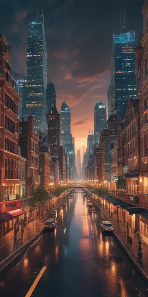 Serene Evening in a Modern Cityscape Reflecting Lights on Water