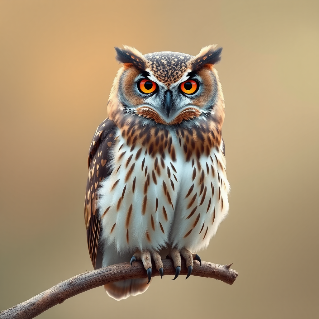 Create a highly detailed illustration of a seated owl with striking orange eyes, perched on a branch against a soft gradient background, using a 50mm lens at f/2.8 for shallow depth of field, ISO 200, natural light, and a DSLR camera for high-resolution quality.