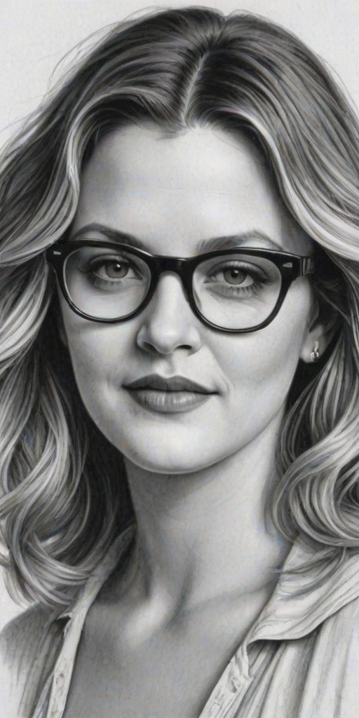 Delightful Drew Barrymore, pencil sketch, portrait of Dazzling woman 1934s in glasses, hair style beatnik, outline, clear lines, fine lines, 8k