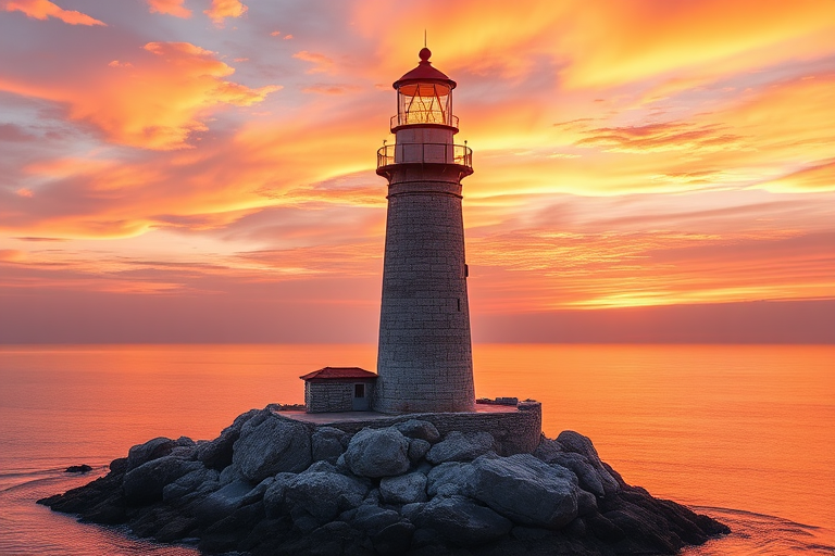 Generate an image of a tall lighthouse perched on a rocky outcrop surrounded by calm ocean waters during a breathtaking sunset. The lighthouse stands sturdy and weathered, its stone surface illuminated by the warm golden light of the setting sun. The sun's rays pass directly through the glass lantern room at the top of the lighthouse, casting a brilliant light across the scene. The sky is painted with vibrant shades of orange, pink, and purple, reflecting off the tranquil sea. The surrounding water shimmers with the same warm hues, creating a serene and majestic atmosphere.