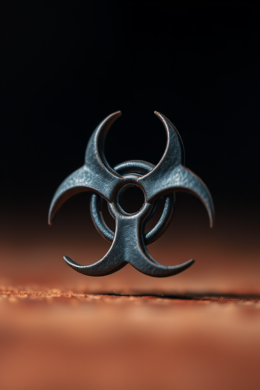 Create an artistic representation of a biohazard symbol with a high contrast palette, shot with a Canon EOS R5 at f/1.8, ISO 100, 1/200s, using a macro lens to capture intricate details, in a soft focus background to enhance the symbol's prominence.