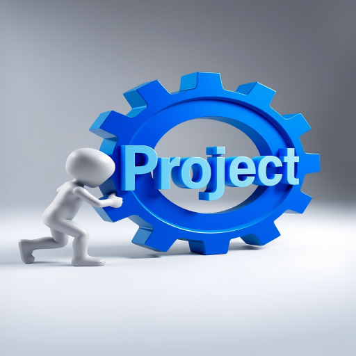 Create an image of a small, white 3D character pushing a large, blue gear with the word 'Project' in sleek, modern typography, captured with a DSLR camera at f/2.8, ISO 200, 50mm lens, in a high-contrast studio lighting setup.