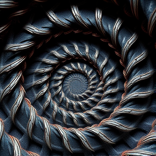 Create a high-resolution abstract spiral pattern with intricate details and sharp contrast, using a macro lens, aperture f/2.8, shutter speed 1/60 sec, ISO 100, captured from a top-down view with a DSLR camera.