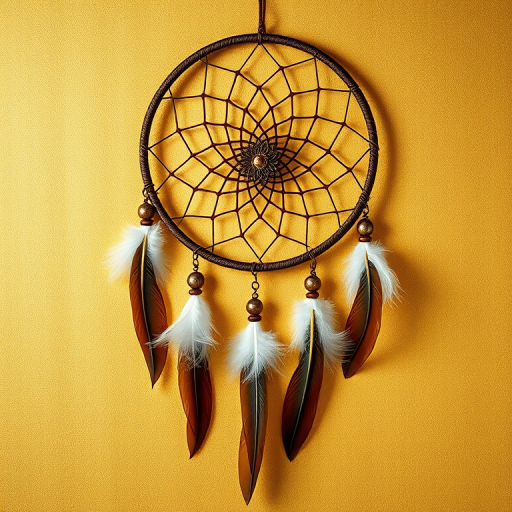 Create a high-resolution image of a dream catcher with intricate details and feathers on a textured golden background using a DSLR camera with a 50mm lens, aperture f/2.8, ISO 100, shot from a straight-on perspective in natural light.