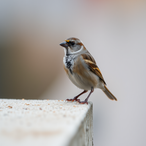 Capture a close-up shot of a sparrow perched on a concrete ledge, using a Canon EOS 5D Mark IV with a 50mm lens, aperture set to f/2.8, ISO 200, shutter speed 1/500s, in natural light from an overcast sky to enhance detail and reduce harsh shadows.