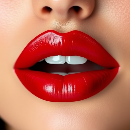 Luscious ruby red lips with a glossy finish, plump and full, exuding sensuality and elegance, perfectly shaped with a defined Cupid's bow, reflecting light for a glamorous appearance