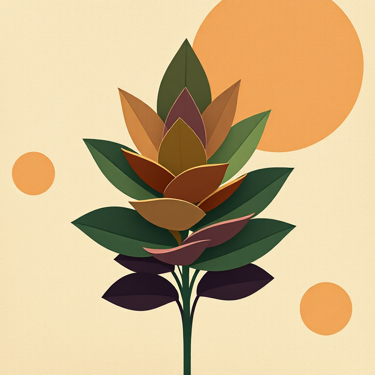 Create an artistic illustration of a stylized plant with layered leaves in varying shades of green, brown, and purple, set against a textured background featuring abstract circular shapes in soft earth tones, shot with a Canon EOS R5 using a 50mm lens at f/2.8, ISO 100, and a shallow depth of field to enhance the softness and color vibrancy.